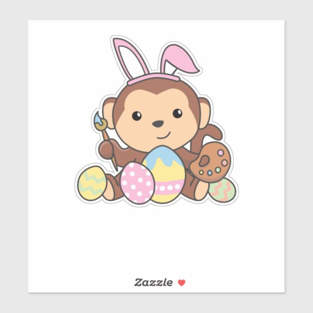 Sticker Mignonne Singe Pour Pâques Avec Oeufs De Pâques Co (Feuille)