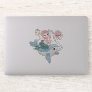 Sticker Mignonne sirène chevauchant un dauphin sous la mer