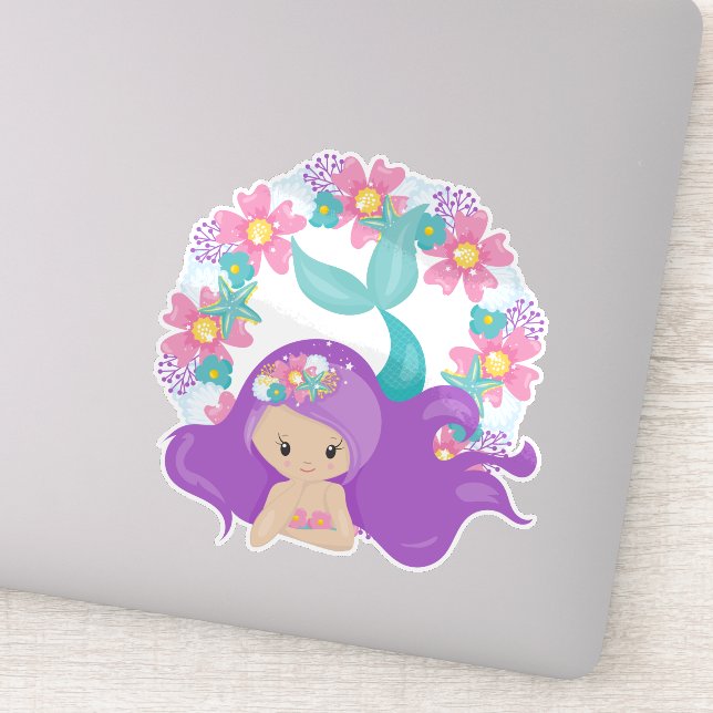 Sticker Mignonne Sirène, Petite Sirène, Cheveux Violet, Fl (Détail)