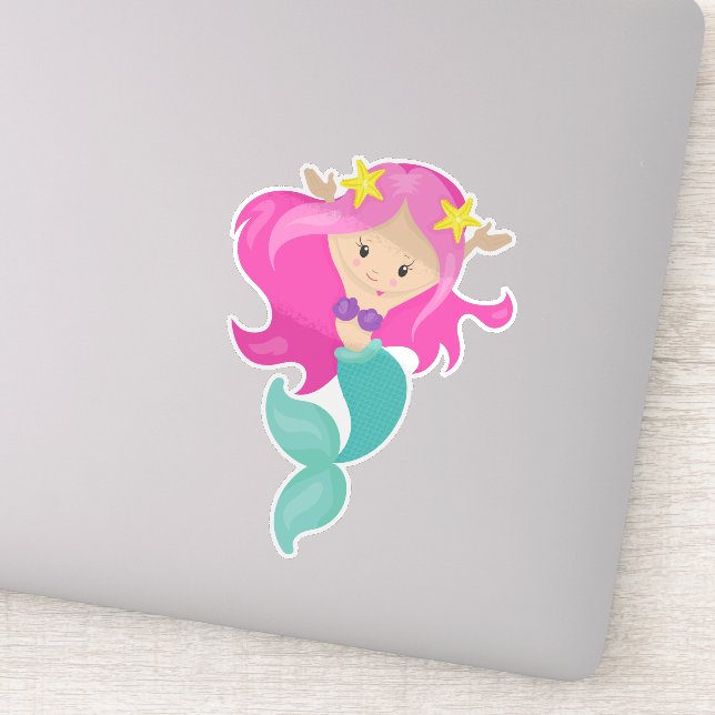 Sticker Mignonne Sirène, Petite Sirène, Épée, Cheveux Rose (Détail)