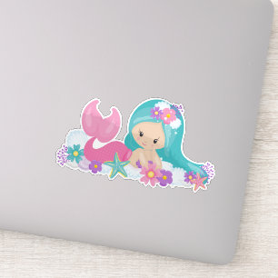 Sticker Mignonne Sirène, Petite Sirène, Fleurs, Cheveux Bl