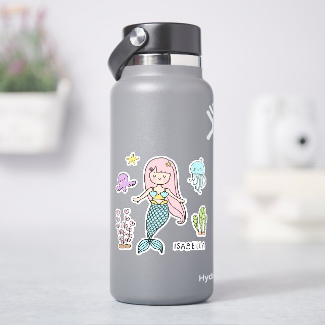 Sticker Mignonne Sirène Whimsical Girl Nom personnalisé (HydroFlask)