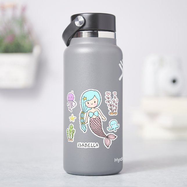 Sticker Mignonne Sirène Whimsical Girl Nom personnalisé (HydroFlask)