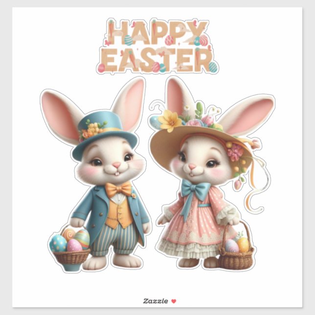 Sticker Mignonne, Whimsical Joyeuse Pâques avec 2 lapins (Feuille)