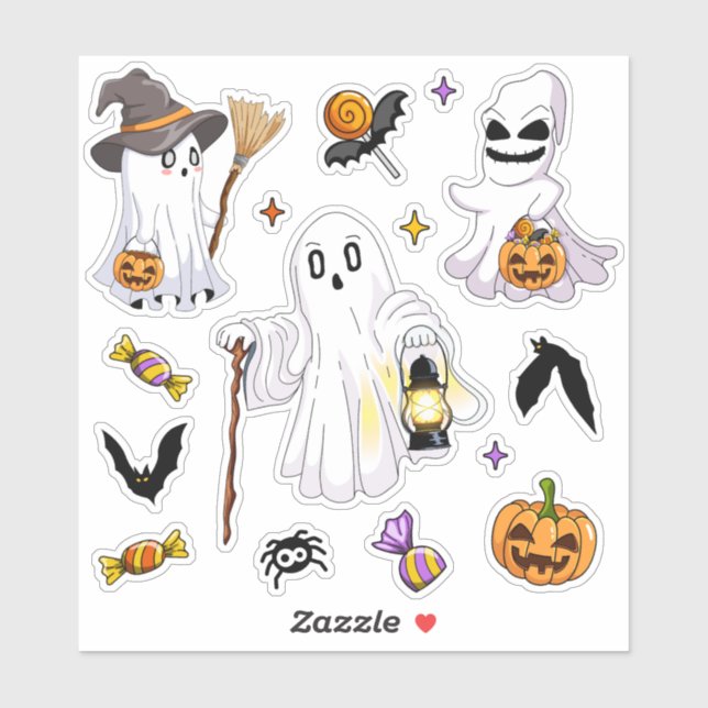 Sticker Mignons fantômes d'Halloween avec chauves-souris e (Feuille)