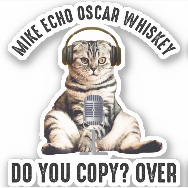 Sticker Mike Echo Oscar Whiskey Ham Radio Cat (Devant)