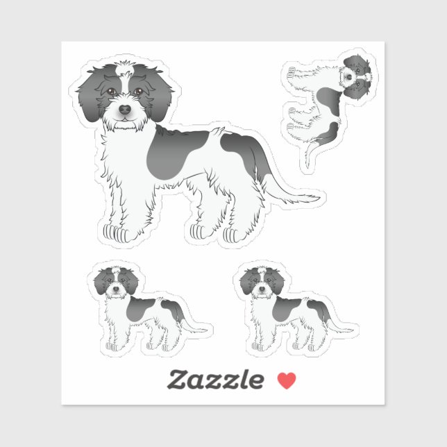 Sticker Mini Goldendoodle de dessin animé noir et blanc à  (Feuille)