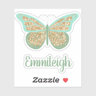 Sticker Mint Green Glittery Gold Butterfly Name