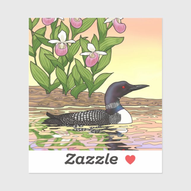 Sticker MN State Bird Flower Loon Lady Slipper (Feuille)
