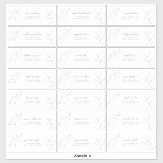 Sticker Modern Dusty Blue Script Botanique Adresse d'invit (Feuille)