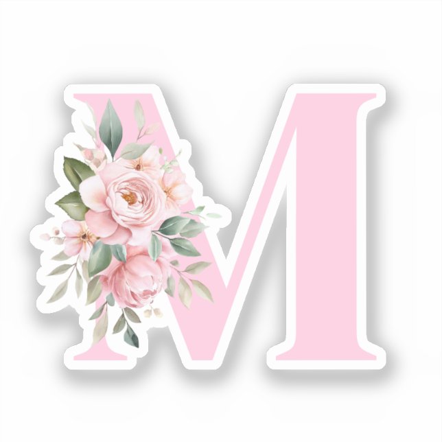 Sticker Moderne Élégant rose Floral Nom initial Monogramme (Recto)