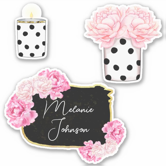Sticker Moderne Fancy Girl mignonne Rose Dots Noir Floral (Devant)