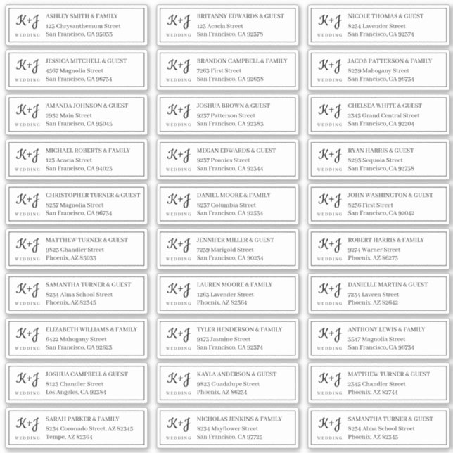 Sticker Moderne + Monogramme Mariage Noms des invités Adre (Devant)