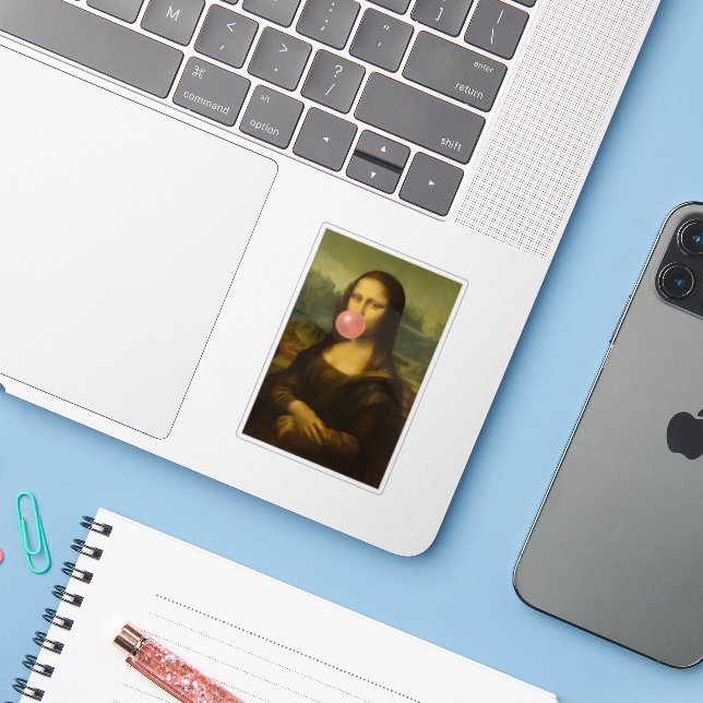 Sticker Mona Lisa soufflant de bulle rose (Ordinateur portable avec iPhone)
