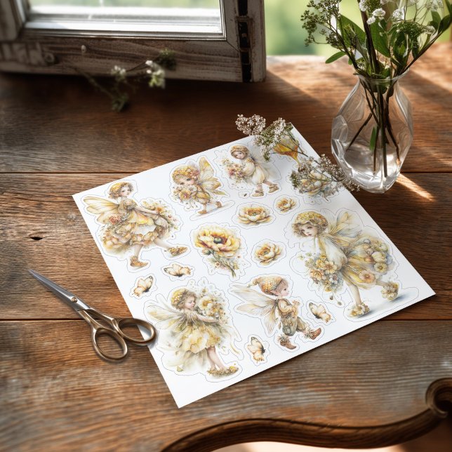 Sticker Monde de la fée du miel doré – portant des fleurs (Sticker on the table ready to be used)