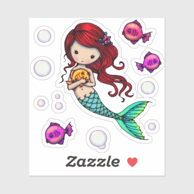 Sticker Monde Fantaisiste Douce Sirène avec Poisson et Bul (Feuille)
