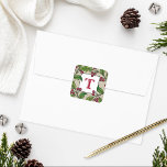 Sticker Monogram Holiday | Holly Wreath<br><div class="desc">Design élégant autocollant de Noël avec cadre de branches de baies sèches dessinées à la main dans des couleurs traditionnelles rouge et vert avec un arrière - plan de style lin rustique. Personnalisez la lettre avec votre nom de famille initial.</div>