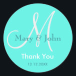 Sticker Monogram Mariage Merci<br><div class="desc">Stickers initiaux avec nom de mariée et mariée, date du mariage et un message de remerciement à l'express de votre gratitude le jour de votre mariage ou toute occasion spéciale. Plus de couleurs sont disponibles pour votre choix. Vous pouvez également customiser la couleur et la police à l'aide du bouton...</div>