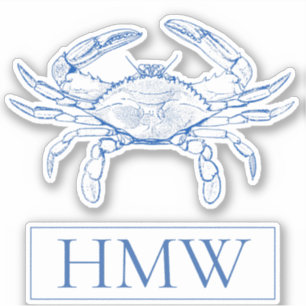Sticker Monogramme de crabe bleu et blanc côtier