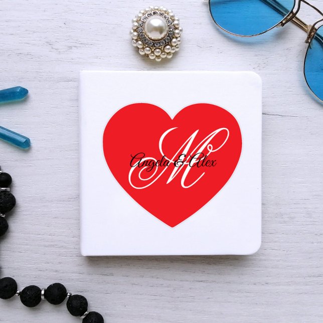 Sticker Monogramme de mariage fantaisie cœur rouge (Monogrammed Heart Sticker for a Note Book)