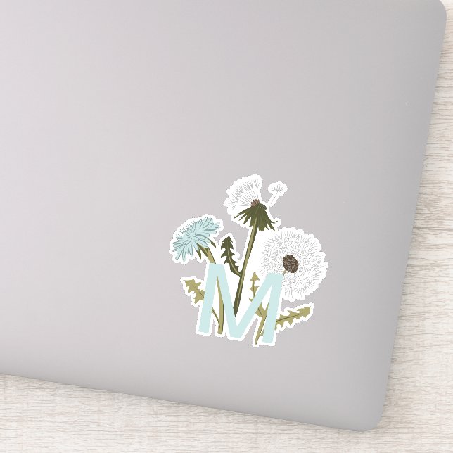 Sticker Monogramme Elégante Gris Bleu Dandelion Fleurs (Détail)