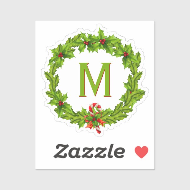 Sticker Monogramme Holly Berry Wreath Cuisine simple (Feuille)