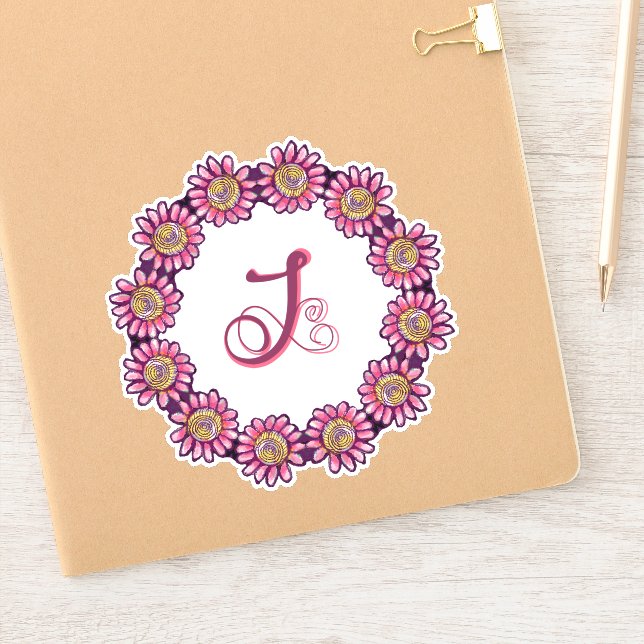 Sticker Monogramme J Orné Avec De Jolies Fleurs De Boho (Carnet)