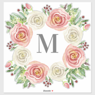 Sticker Monogramme M Mariage Aquarelle Rose Floral Wreath