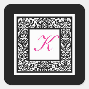 Sticker monogramme noir, blanc et rose Damas