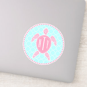 Sticker Monogramme rose bleu Preppy Quatrefoil