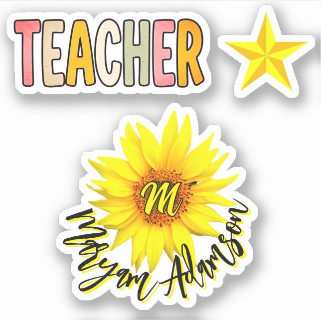 Sticker Monogramme Tournesol + Nom | Remerciement Enseigna (Devant)
