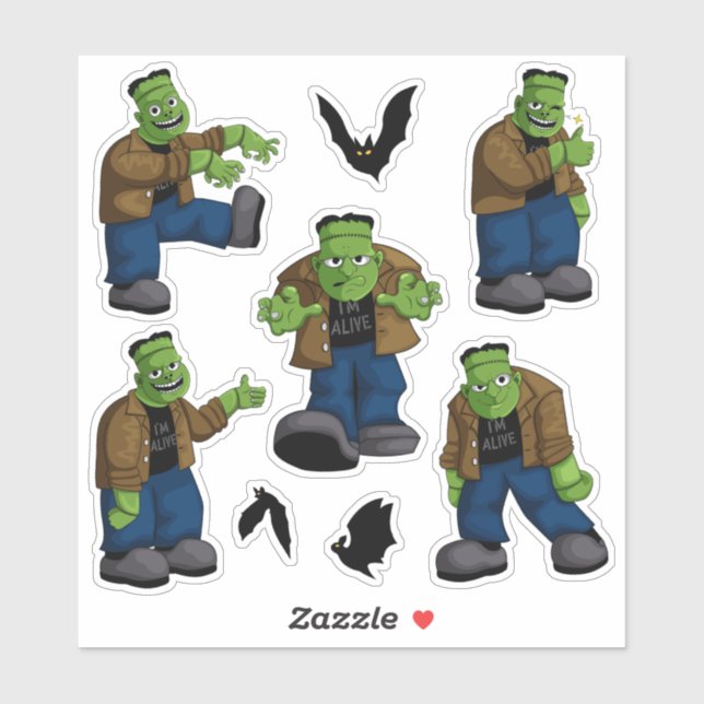 Sticker Monstre de Frankenstein vert drôle, dessin animé e (Feuille)