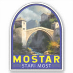 Sticker Mostar Stari La plupart des voyages peinture à l'h<br><div class="desc">Mostar voyage design dans un style art renaissance. Il est connu pour l'emblématique Stari Most (Old Bridge),  un pont à arcades médiéval reconstruit.</div>