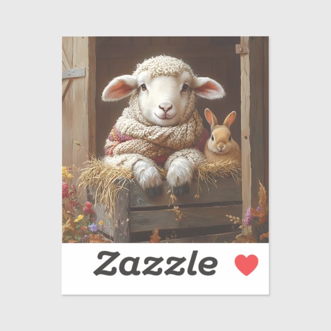 Sticker Moutons et lapin douillets en Grange avec Fleurs (Feuille)