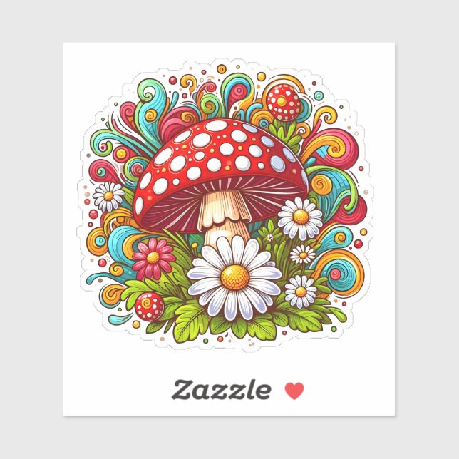 Sticker Mushroom Amid Vibrant Outdoor Flowers (Feuille)