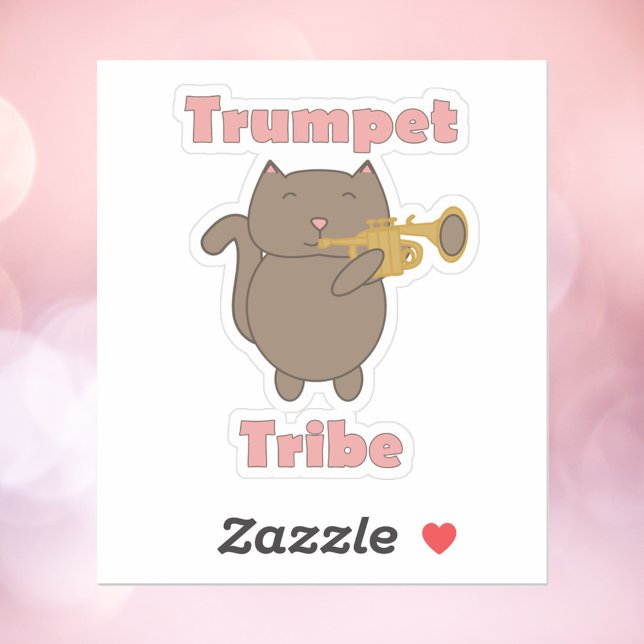Sticker Musique de Chat de la Tribu de la Trompette (A sticker with a cute brown cat playing the trumpet and the words trumpet tribe in pink.)