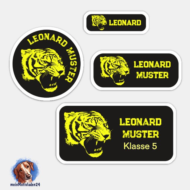 Sticker Namensaufkleber - Set Tiger - gelb schwarz - 24 (24 verschiedene Namensaufkleber für Kinder - Motiv: Tiger - schwarz gelb)