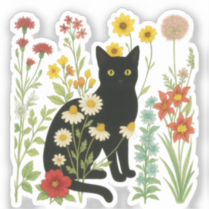 Sticker Nature botanique – Chat noir dans un jardin de fle