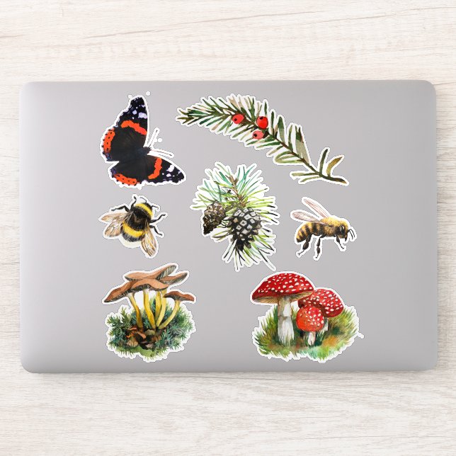 Sticker Nature champignons boisés, abeilles, papillon (Ordinateur)