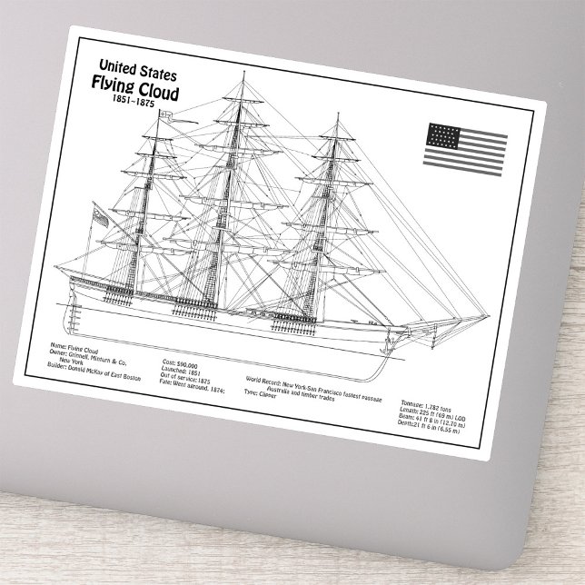 Sticker Navire Clipper Flying Cloud - Plan du navire BD (Clipper Ship Flying Cloud - Ship Blueprint BD. Sticker)