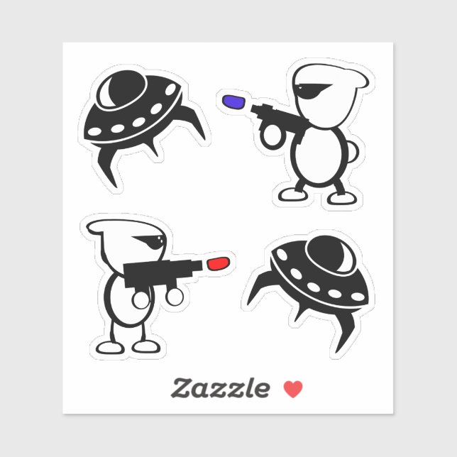 Sticker Navire spatial et Aliens avec pistolets laser (Feuille)