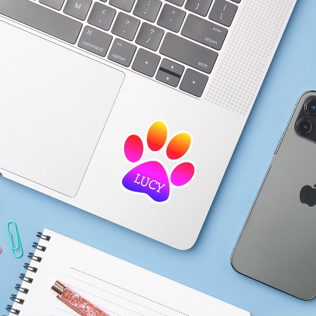 Sticker Neon Rainbow Dog Paw Print With Name (Ordinateur portable avec iPhone)