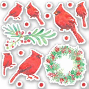 Sticker Noël Cardinal Rouge Oiseau Holly Wreath