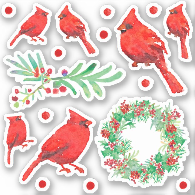 Sticker Noël Cardinal Rouge Oiseau Holly Wreath (Devant)