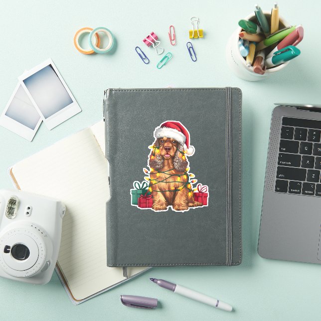 Sticker Noël Éclairage Santa Chapeau Cocker Spaniel Chien  (Couverture iPad)