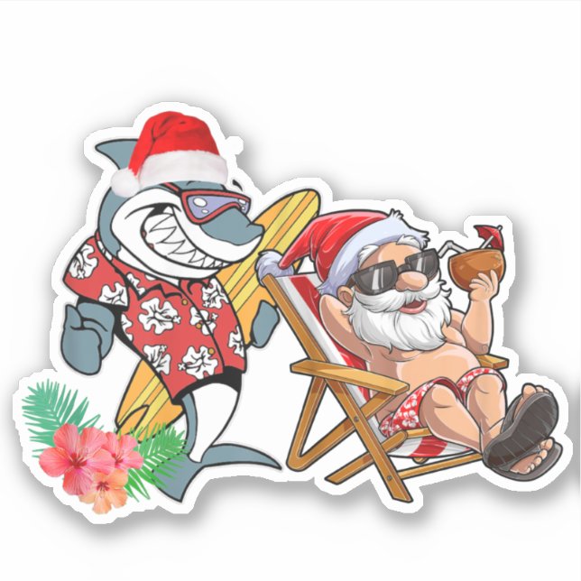 Sticker Noël en été Père Noël Shark Hawaiian Surfing (Devant)