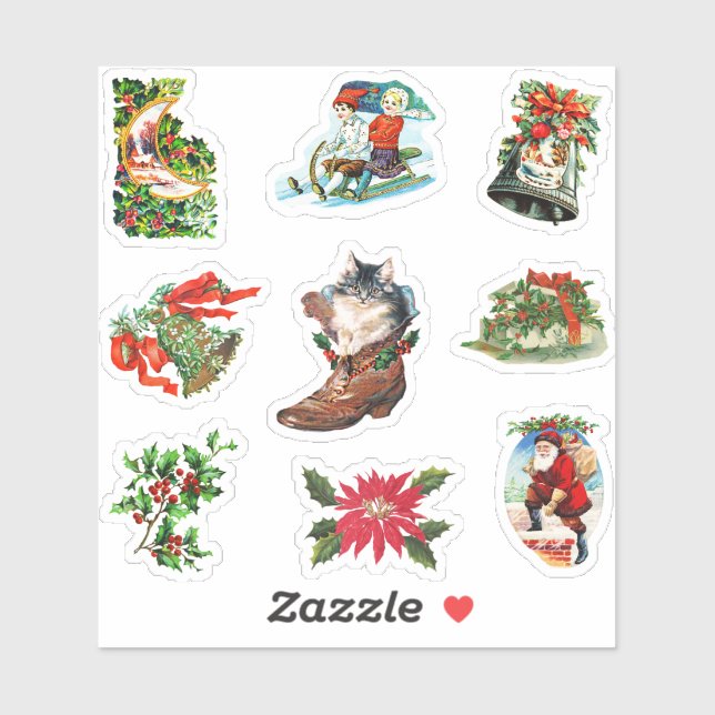 Sticker Noël victorien antique Houx, Cloches, Père Noël, C (Feuille)