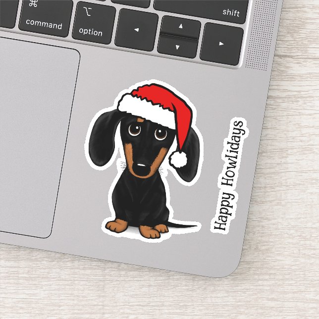 Sticker Noir et Tan Père Noël Dachshund mignon chien Noël (Détail)