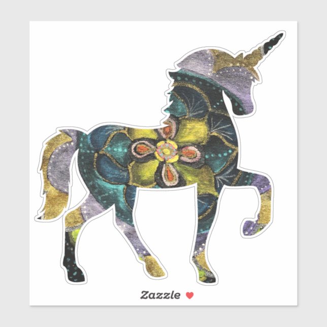 Sticker Noir & Or Mandala Unicorn Art (Feuille)