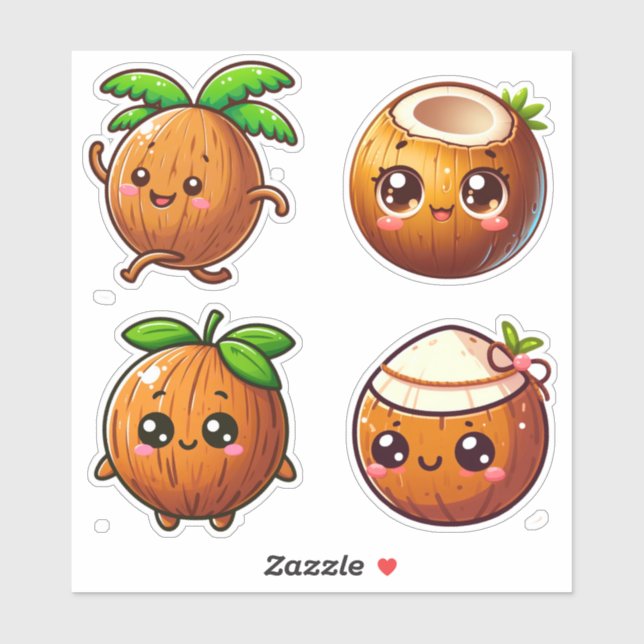 Sticker noix de coco kawaii mignonnes (Feuille)